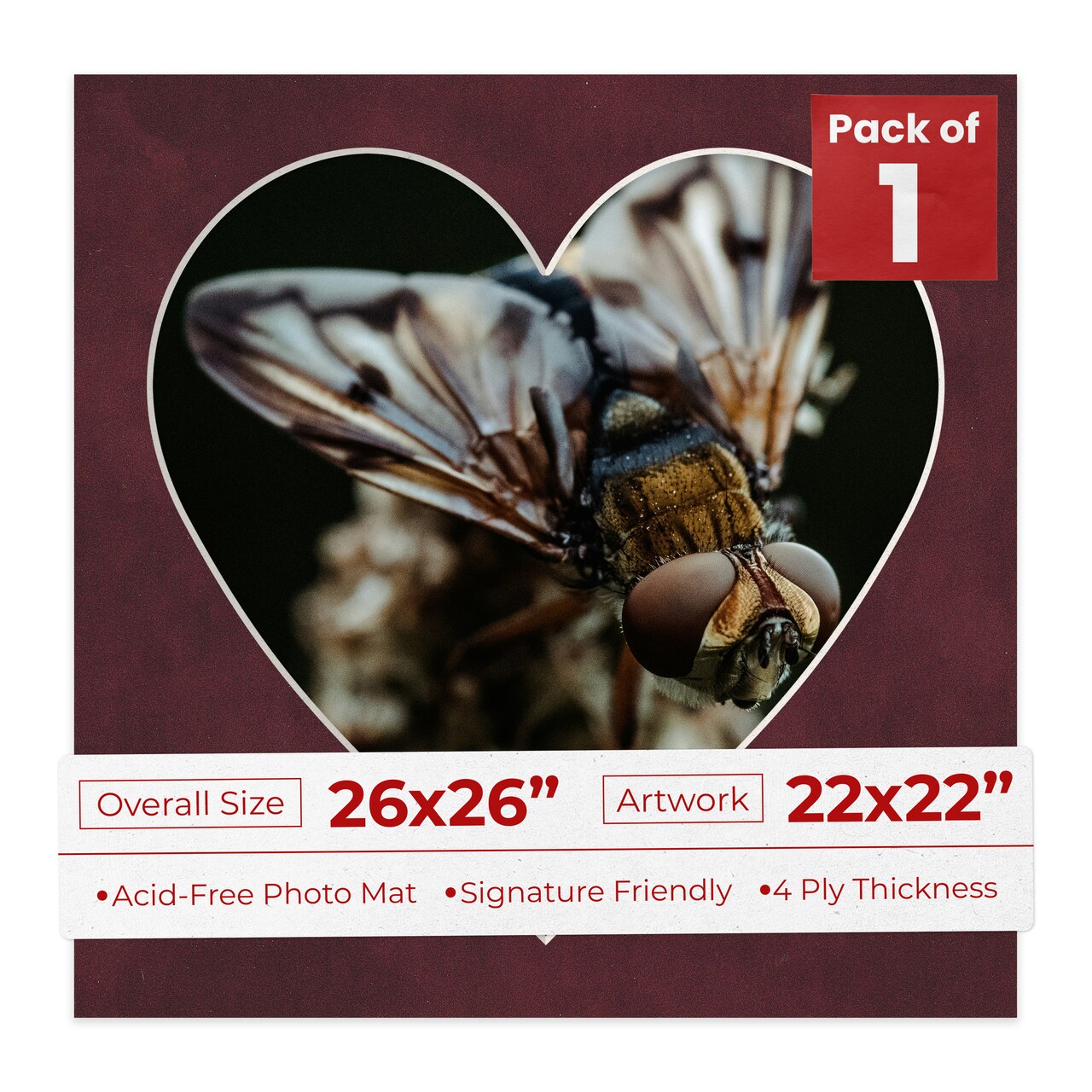 Dark Red Suede Mat Board for 26x26 Frames - Heart Opening for 22x22 Photos